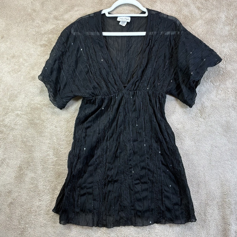 VTG Plunge Babydoll Black Sheer Top M‎ Coverup Sequins Whimsigoth Witchy EUC